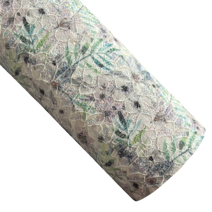 Summer Palm Floral Glitter Lace Leatherette - in Greys and Greens