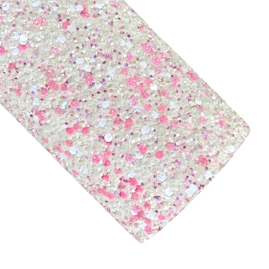 White Marshmallow Kisses Chunky Glitter Leather | Available in rolls | Mixed Glitter Leather