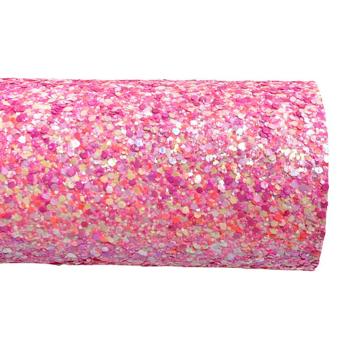 Lets go Party Pink Chunky Glitter Leather | Available in Rolls| Pink Fluro Mix Chunky Glitter