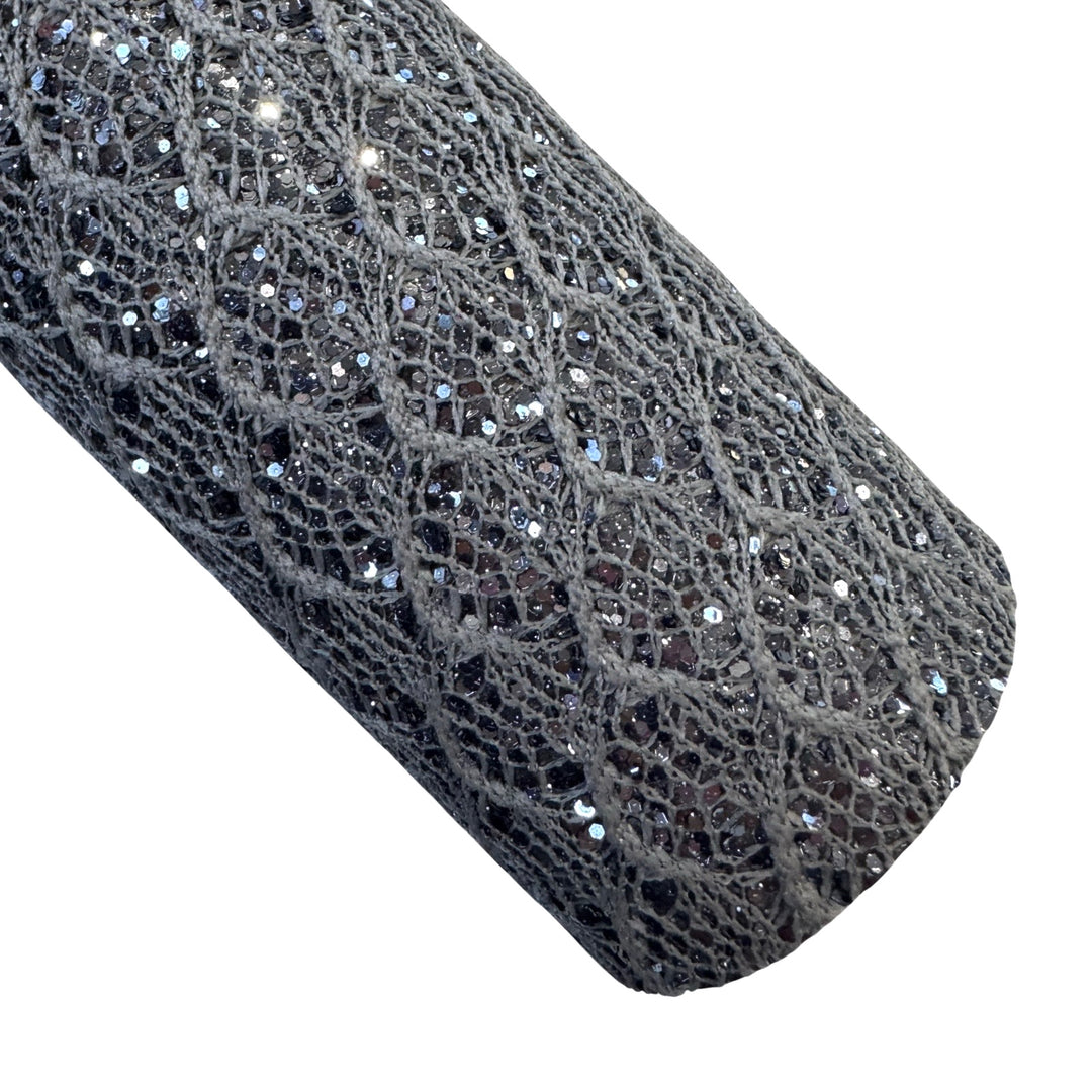 Charcoal Grey Chunky Glitter Lace Leatherette