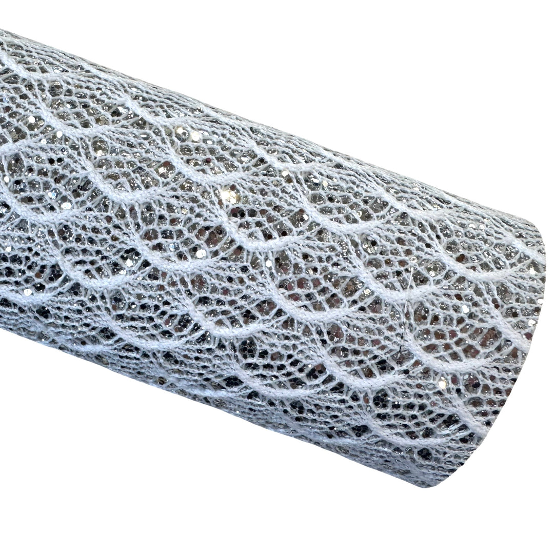 White Silver Chunky Glitter Lace Leatherette