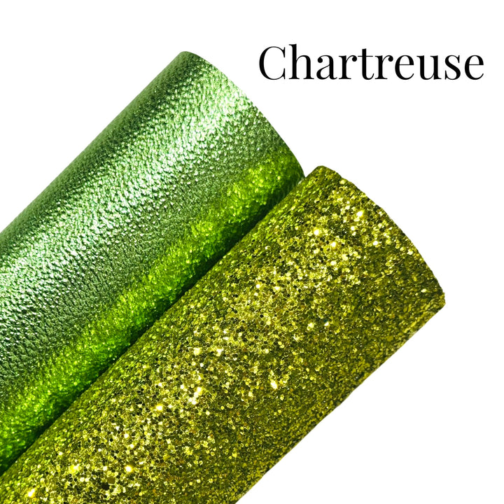Chartreuse Green Metallic Leatherette and Chunky Glitter Leather