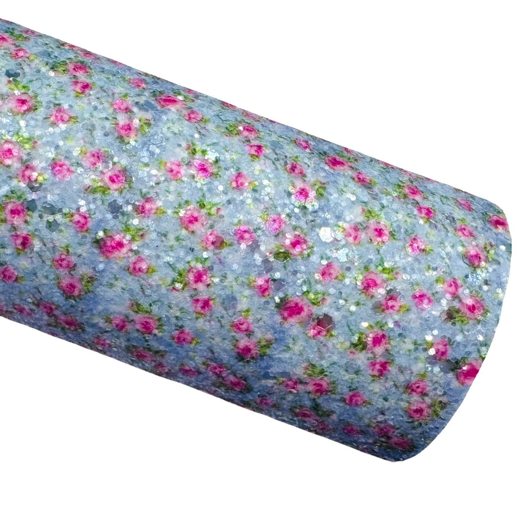 Ditsy Blue Pink Floral Chunky Glitter Leather