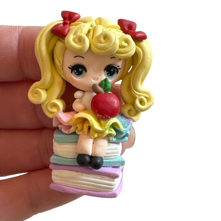 School Rainbow Dress Girl with Apple on Books Bow Clay Embellishments - Temptress Maker - Choice of 3 styles