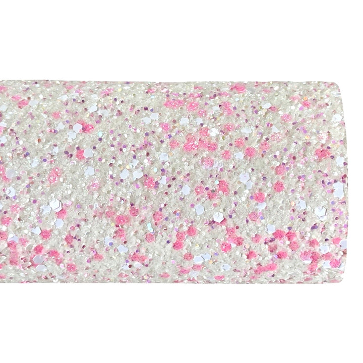White Marshmallow Kisses Chunky Glitter Leather | Available in rolls | Mixed Glitter Leather
