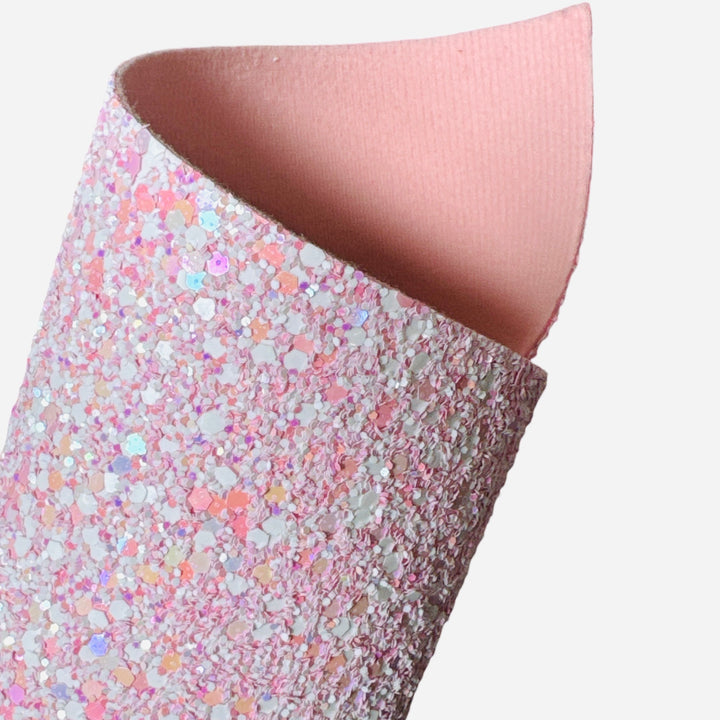 Pretty Pink and White Chunky Glitter Leather - With soft pink felt rear