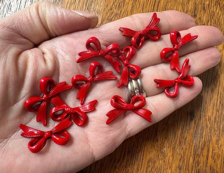 10 Red Ribbon Bow Charms - Pendants or Earrings