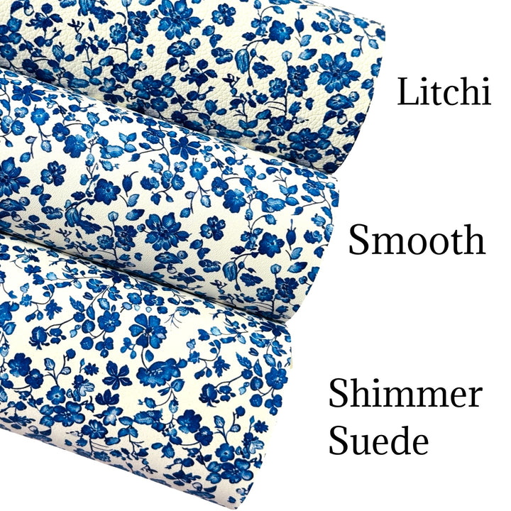 Blue White Ditsy Floral Custom Print Faux Leatherette