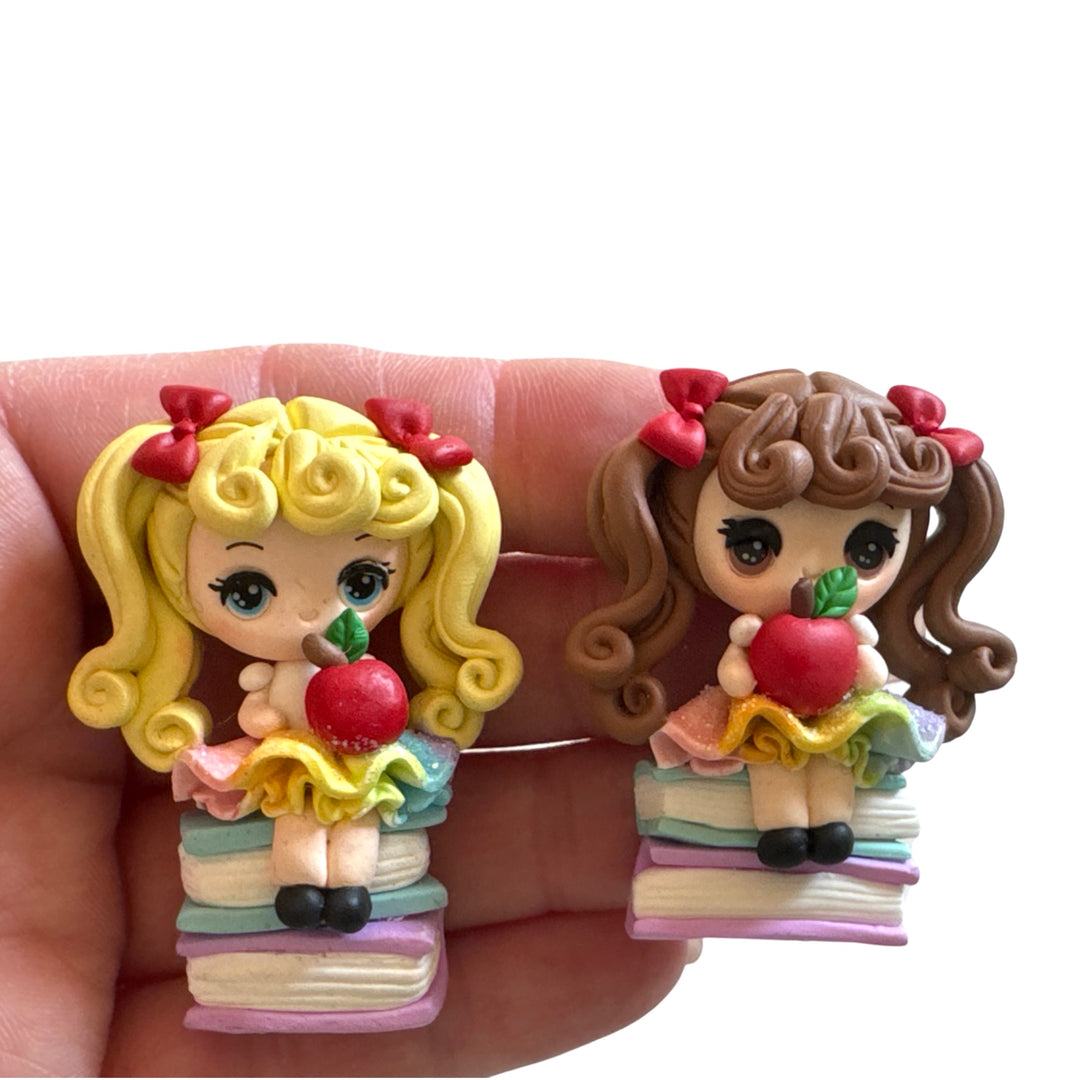 School Rainbow Dress Girl with Apple on Books Bow Clay Embellishments - Temptress Maker - Choice of 3 styles