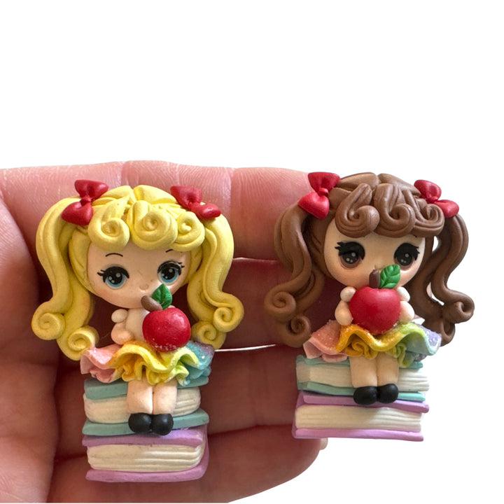 School Rainbow Dress Girl with Apple on Books Bow Clay Embellishments - Temptress Maker - Choice of 3 styles