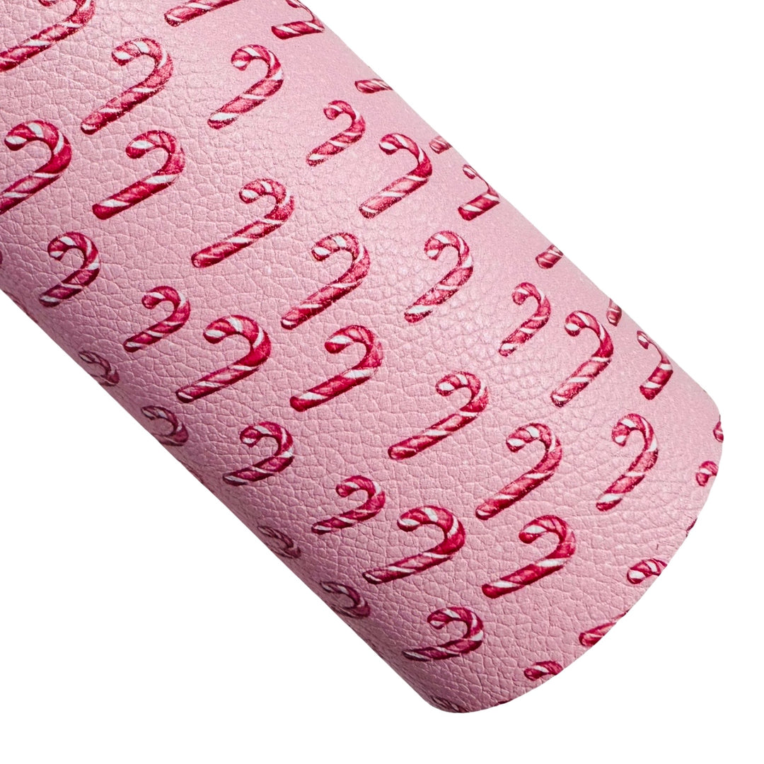 Pink Candy Canes Print Faux Leatherette - Custom Print