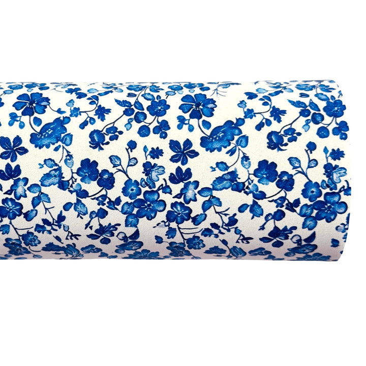 Blue White Ditsy Floral Custom Print Faux Leatherette