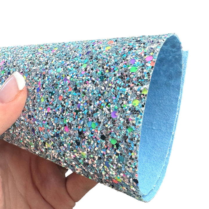Silver Blue Chunky Glitter Leather