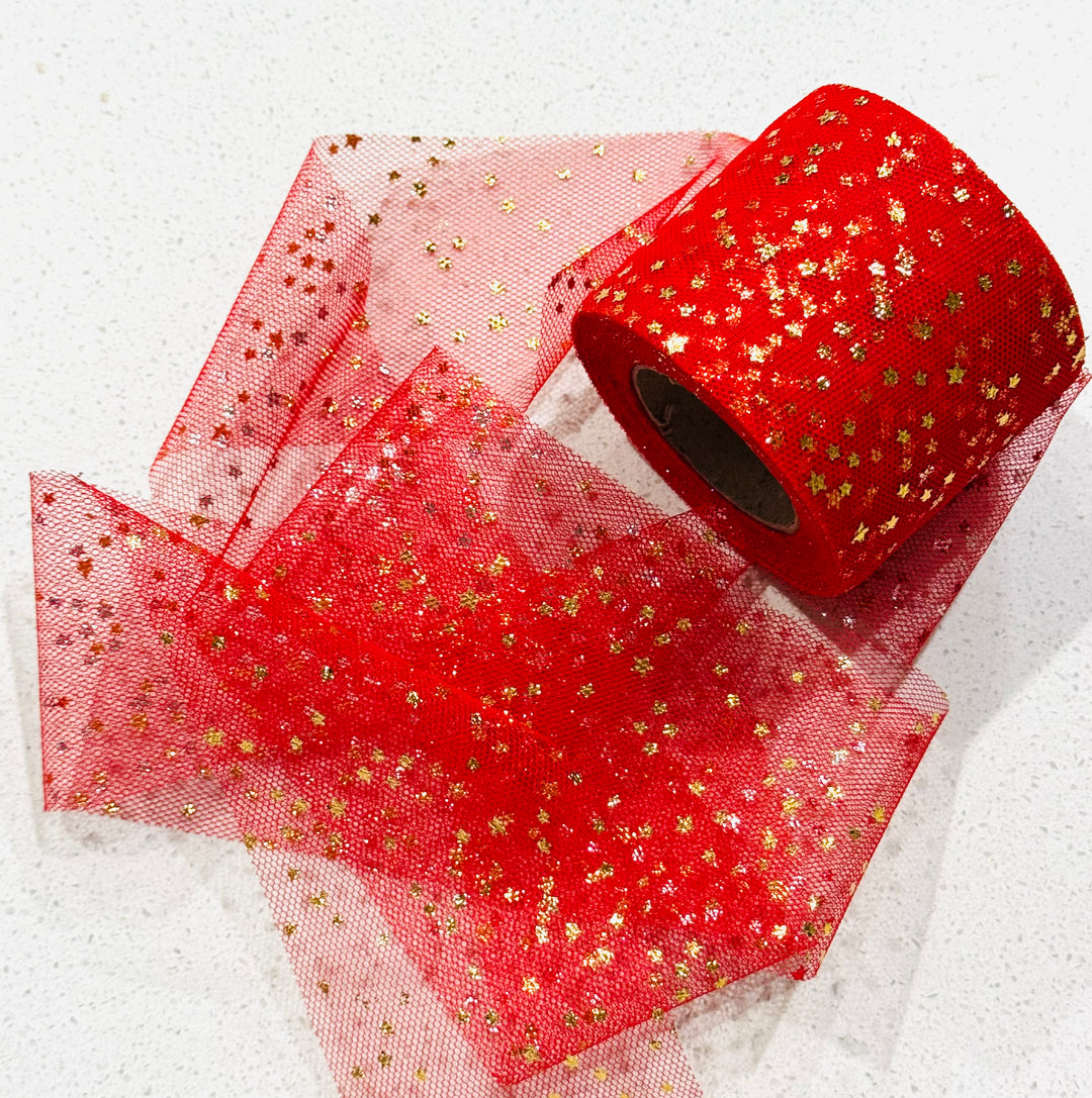 Red Tulle with Gold Stars - 6cm
