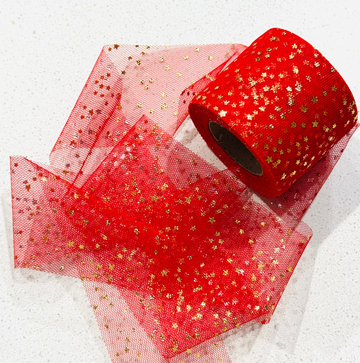 Red Tulle with Gold Stars - 6cm