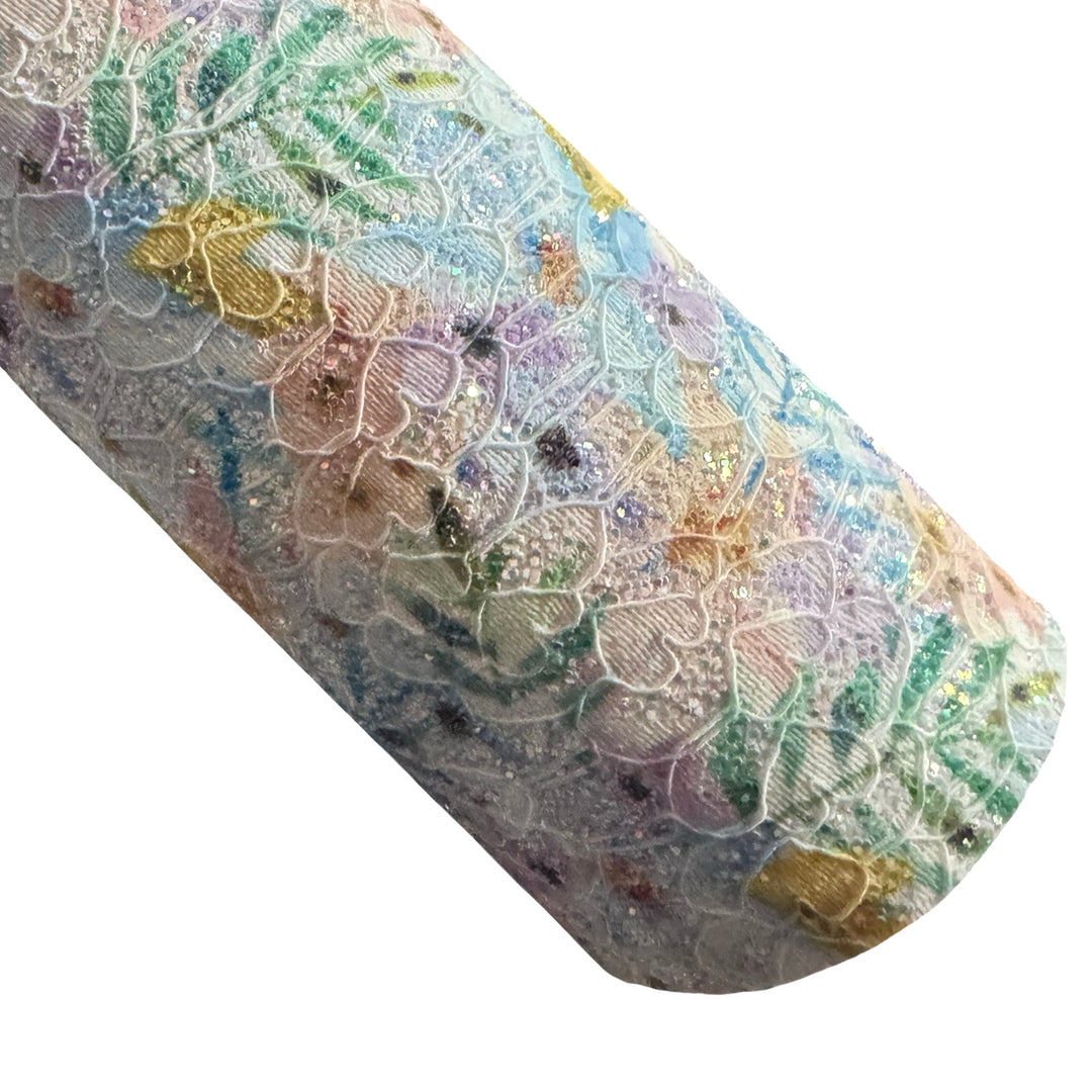 Summer Palm Floral Glitter Lace Leatherette - Aqua and Yellow