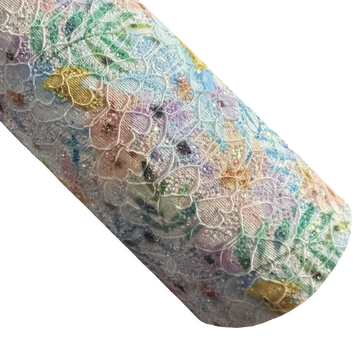 Summer Palm Floral Glitter Lace Leatherette - Aqua and Yellow