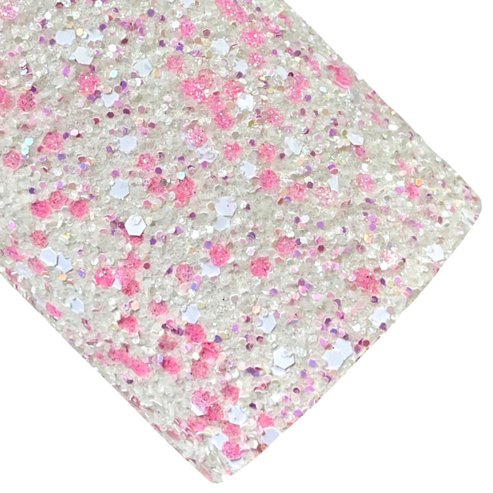 White Marshmallow Kisses Chunky Glitter Leather | Available in rolls | Mixed Glitter Leather