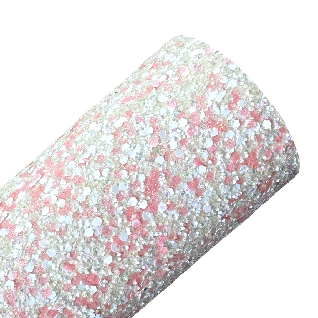 White Marshmallow Kisses Chunky Glitter Leather | Available in rolls | Mixed Glitter Leather - New Stock