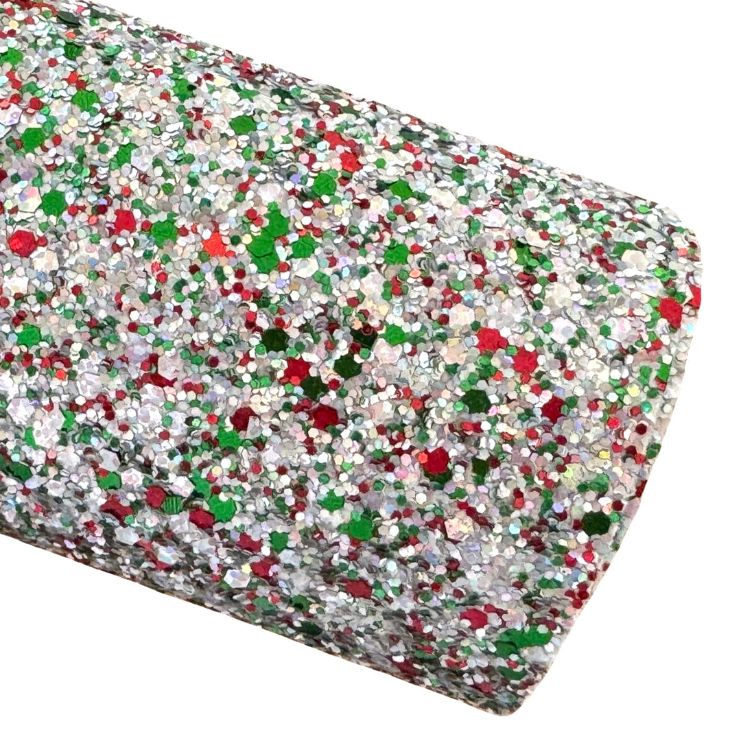 Silver Bells Mixed Chunky Glitter Leatherette - Silver Red and Green