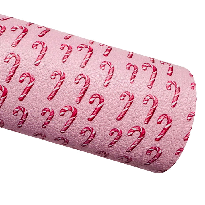 Pink Candy Canes Print Faux Leatherette - Custom Print