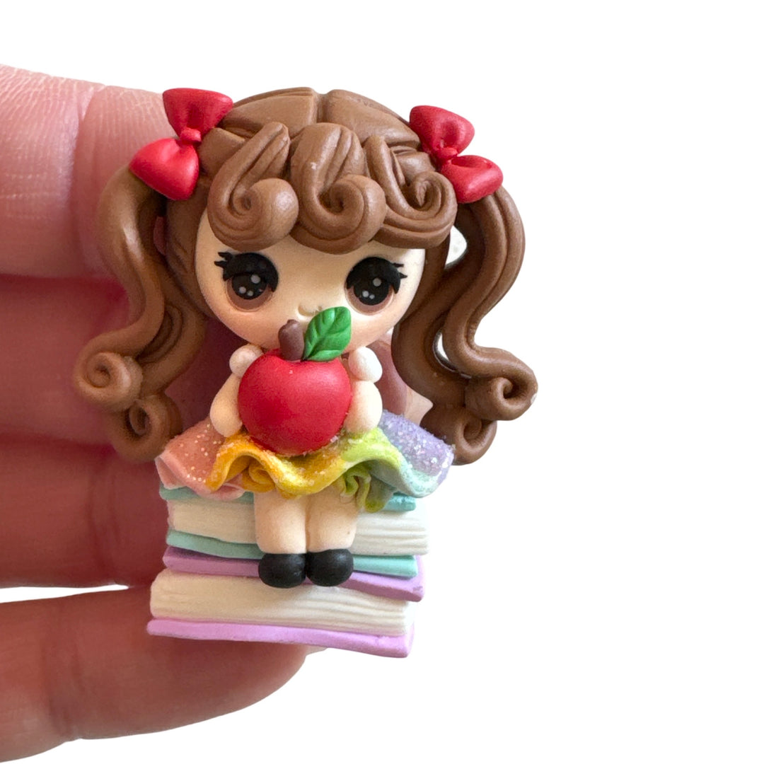 School Rainbow Dress Girl with Apple on Books Bow Clay Embellishments - Temptress Maker - Choice of 3 styles