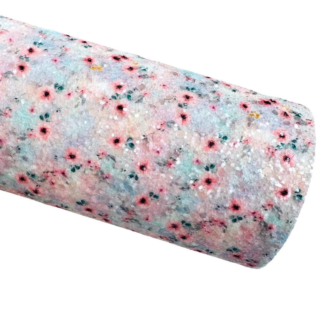 Delicate Pink Blue Floral Chunky Glitter Leather