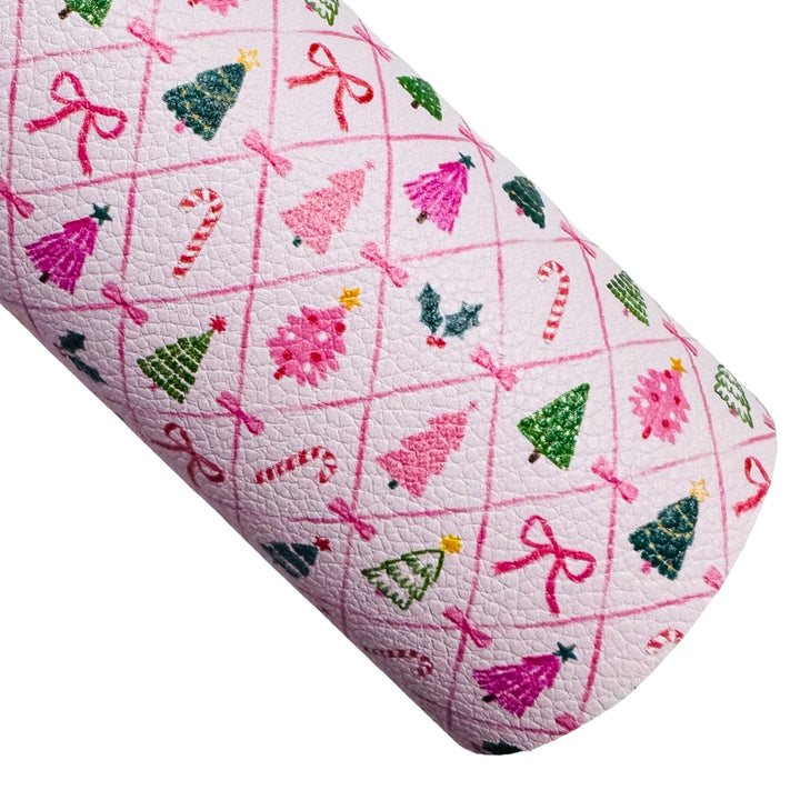 Pink Christmas Tree & Ribbons Print Faux Leatherette - Custom Print