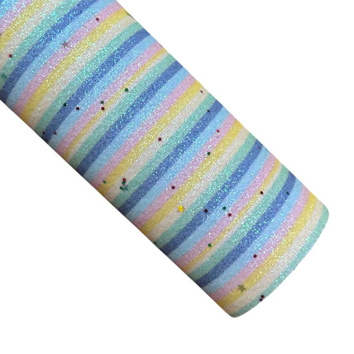 Pastel Rainbow Stripes and Stars Fine Glitter Fabric