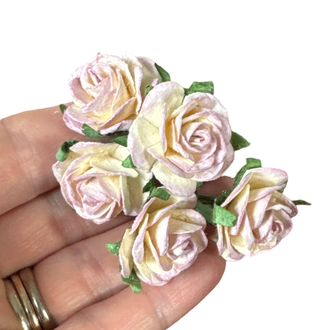 5pc Mulberry Paper Flowers - 2.5cm Rounded Petal Roses - Ivory and Lilac