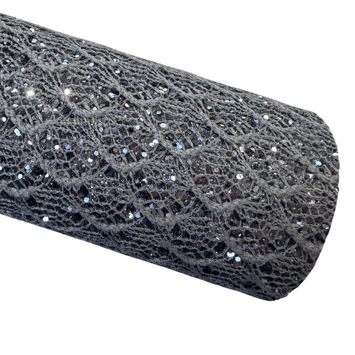 Charcoal Grey Chunky Glitter Lace Leatherette