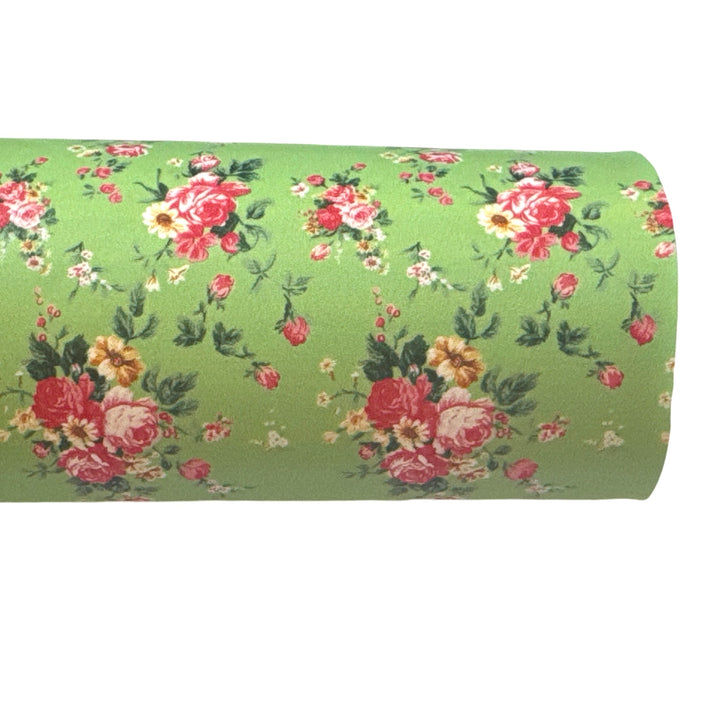 Pink Floral Roses in Green Soft Leatherette