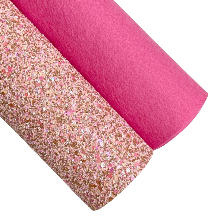 Rosey Pink Fancy 100% Wool Felt and Chunky Glitter Leather Duo