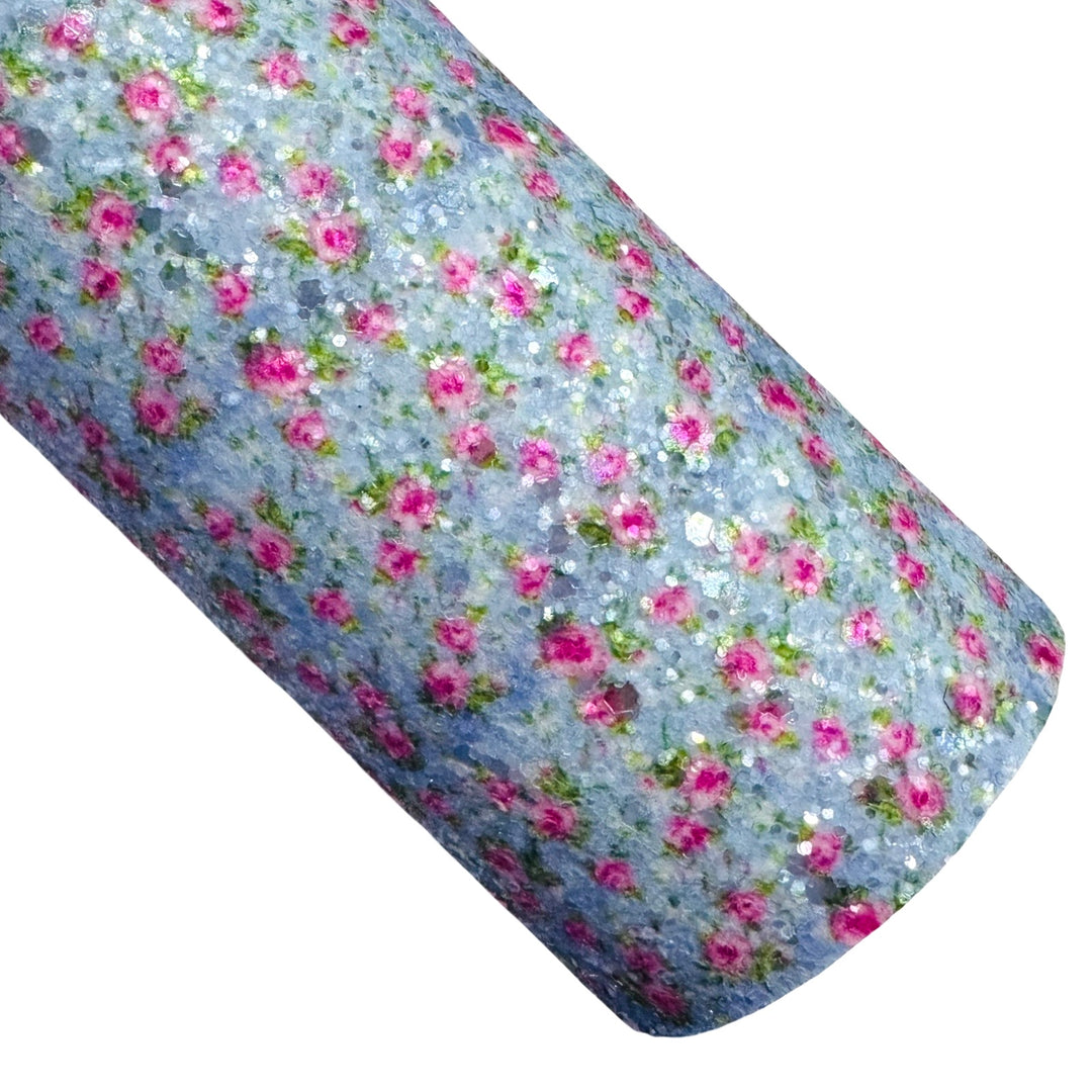 Ditsy Blue Pink Floral Chunky Glitter Leather