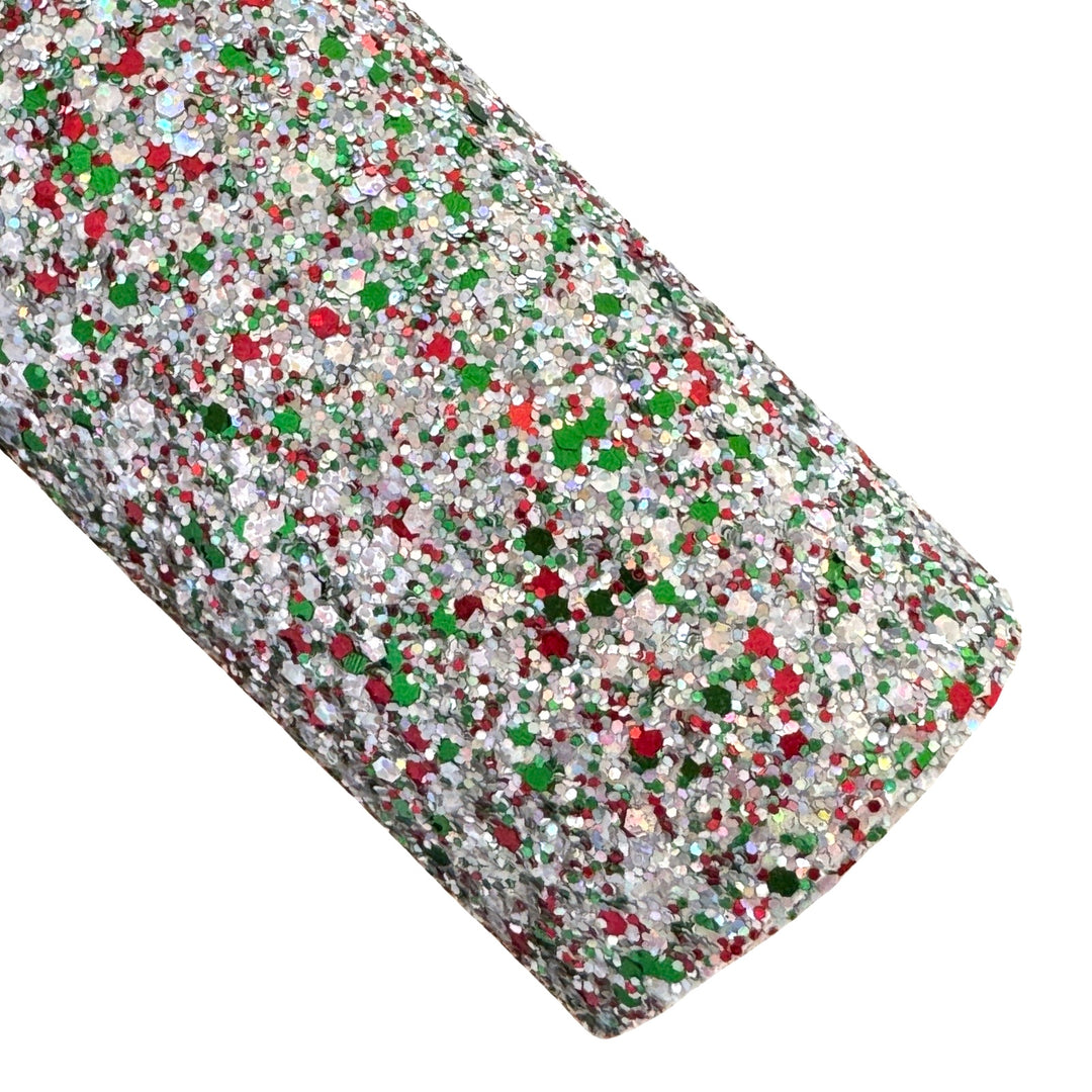 Silver Bells Mixed Chunky Glitter Leatherette - Silver Red and Green
