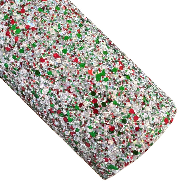 Silver Bells Mixed Chunky Glitter Leatherette - Silver Red and Green