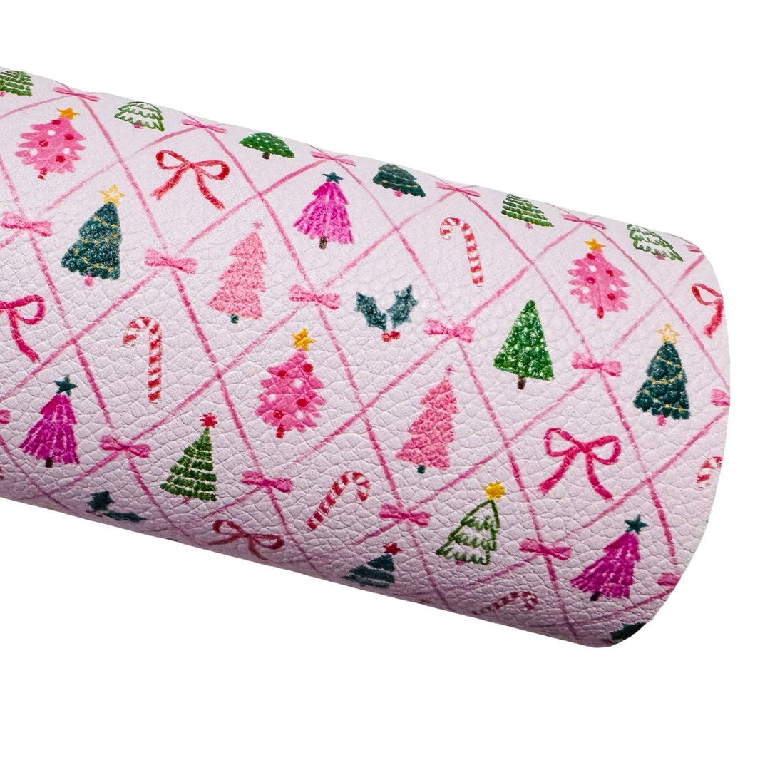 Pink Christmas Tree & Ribbons Print Faux Leatherette - Custom Print
