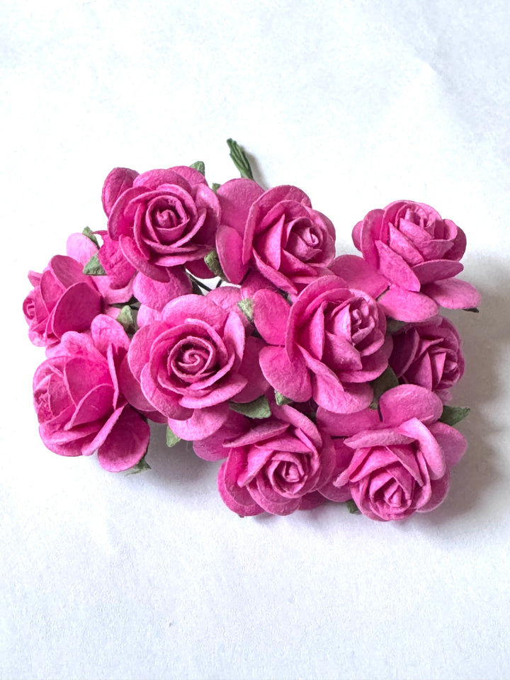 10 Pcs - Mulberry Paper Flowers - 2cm Rounded Petal Roses - Hot Pink