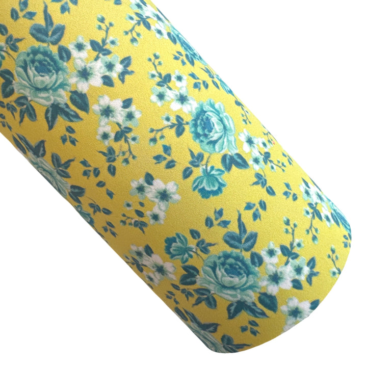 Chartreuse with Teal Floral Roses Soft Leatherette