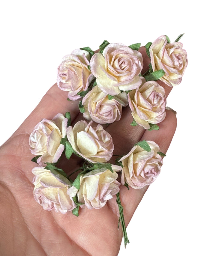 5pc Mulberry Paper Flowers - 2.5cm Rounded Petal Roses - Ivory and Lilac