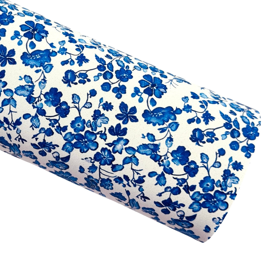 Blue White Ditsy Floral Custom Print Faux Leatherette