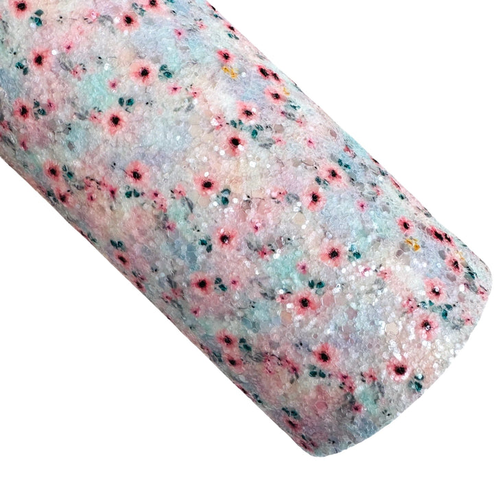 Delicate Pink Blue Floral Chunky Glitter Leather