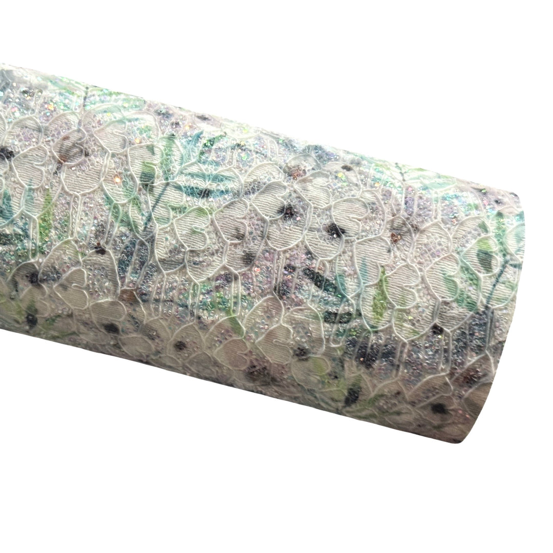 Summer Palm Floral Glitter Lace Leatherette - in Greys and Greens
