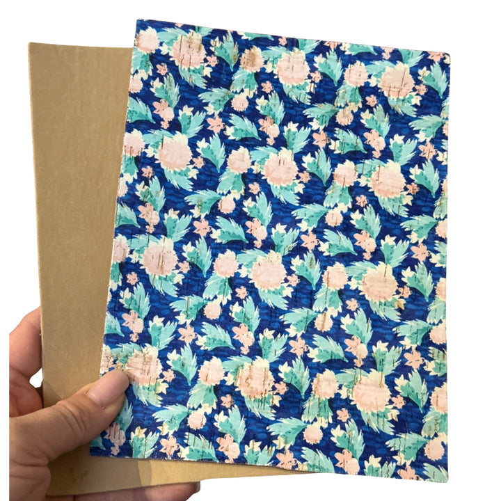 Rose Pink & Navy Summer Floral Leather Backed Cork Sheet - Genuine Printed Leather