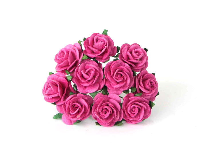 10 Pcs - Mulberry Paper Flowers - 2cm Rounded Petal Roses - Hot Pink