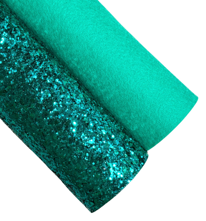 Emerald Green 100% Wool Felt and Chunky Glitter Leather Duo