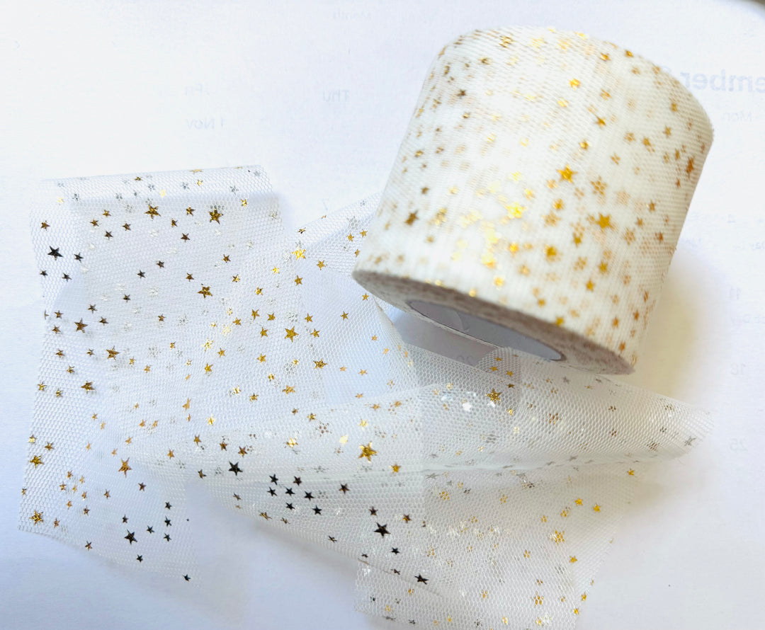 White Tulle with Gold Stars - 6cm