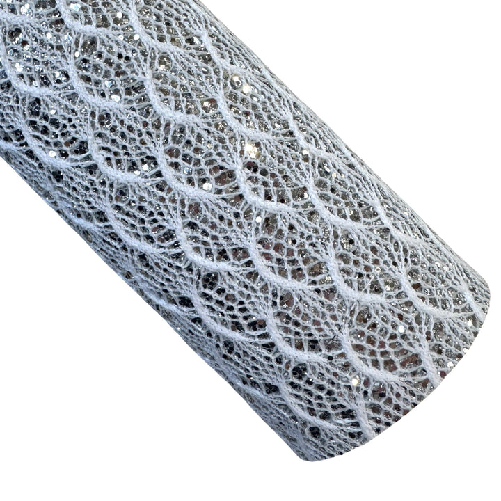 White Silver Chunky Glitter Lace Leatherette