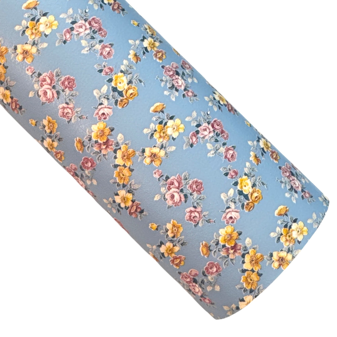 Pale Blue Petite Dainty Floral Leatherette in Smooth