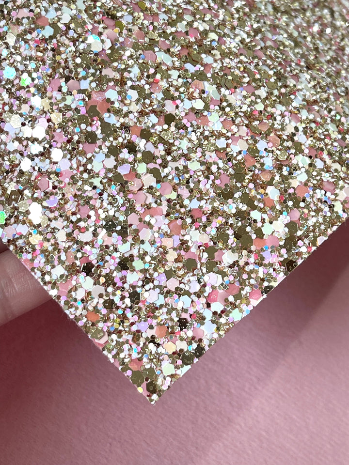 Glamour Sparkle Chunky Glitter Leather | Mixed Pink White & Gold Glitter Leather with a Pink Felt Rear